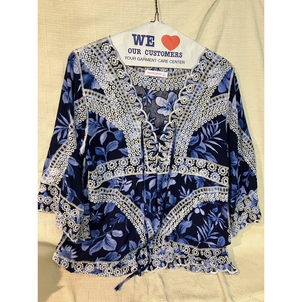 Parami Design Crochet Trim Blue Boho Floral Tunic Top Sz XL